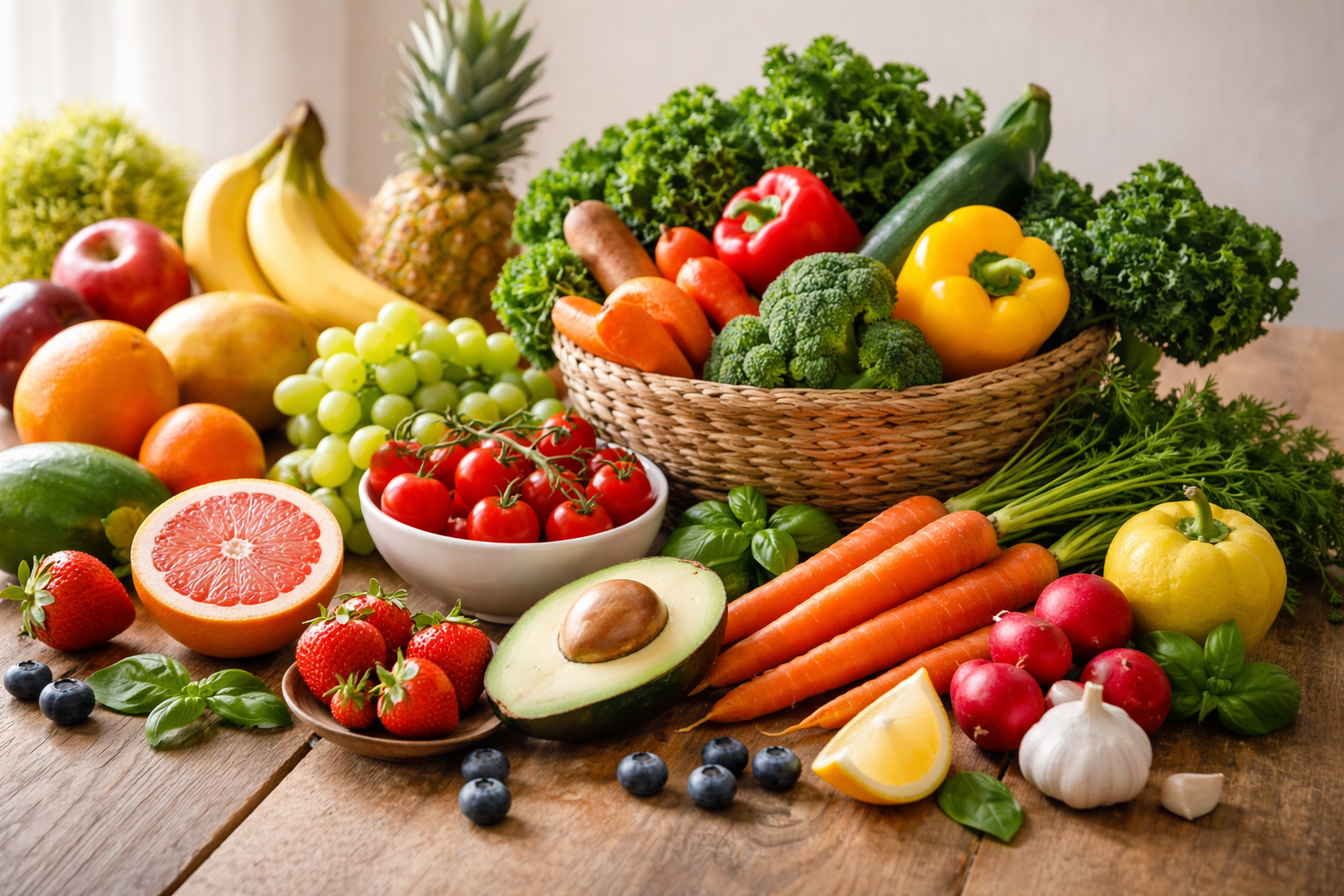 Fresh colorful fruits and vegetables arranged beautifully on wooden table with natural lighting and minimalist composition